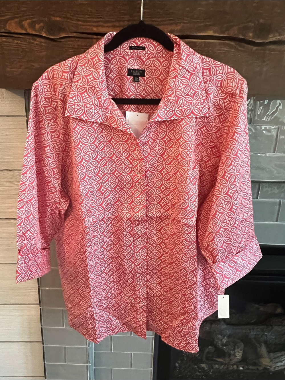 New Talbots Pink Geometric Print 3/4 Sleeve Button Up Women's Top Shirt 20WP